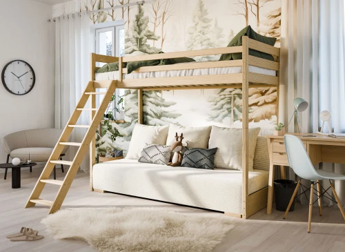 SOFINO 90x200/140x200 borovicové lůžko na patrové posteli s rozkládací pohovkou béžová látka poso 38 Lano Nábytek