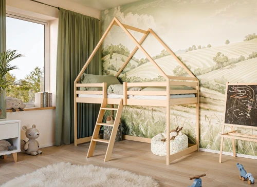 MOON 90x200 unvarnished wood children's house loft bed Lano Furniture