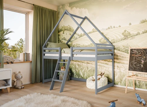 MOON 90x200 popelavá vyvýšená jednolůžková dětská postel domeček Lano Nábytek