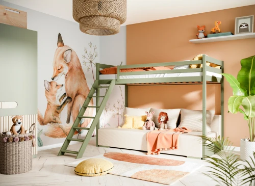 SOFINO 90x200/140x200 olivová postel na vyvýšené konstrukci s rozkládací pohovkou béžová látka poso 38 Lano Nábytek