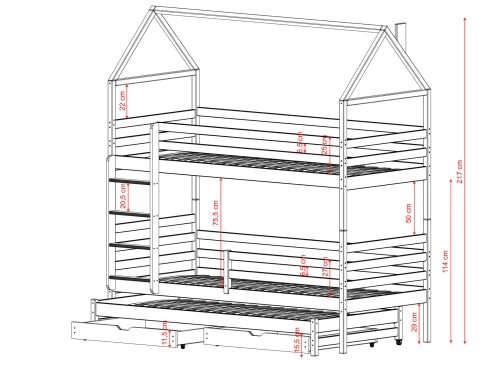 DALIA 90x190 růžová patrová postel domečková Lano Nábytek