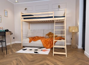 SAVIO 90x200/140x200 kašmír postel na vyvýšené konstrukci s rozkládací pohovkou béžová látka perfect harmony 02 Lano Nábytek