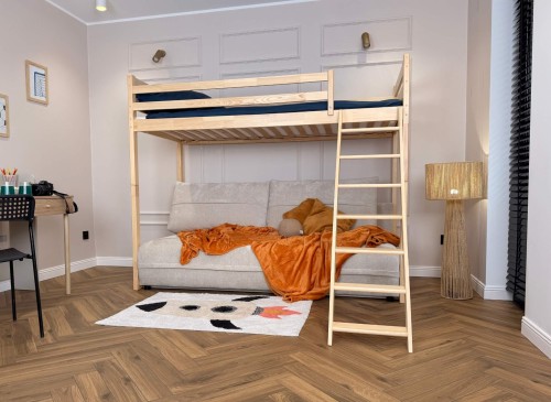 SAVIO 90x200/140x200 olivový postel na vyvýšené konstrukci s rozkládací pohovkou béžová látka perfect harmony 02 Lano Nábytek