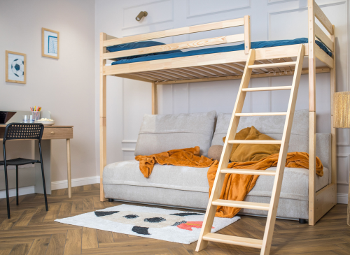 SAVIO 90x200/140x200 borovicová postel na vyvýšené konstrukci s rozkládací pohovkou béžová látka perfect harmony 02 Lano Nábytek