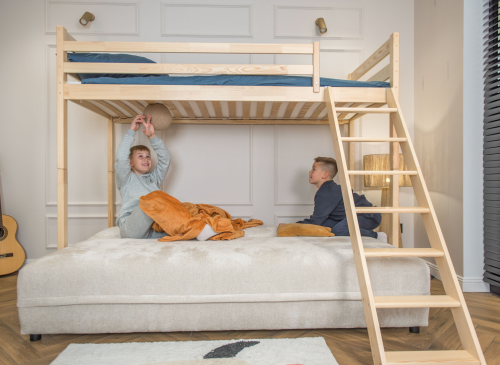 SAVIO 90x200/140x200 borovicová postel na vyvýšené konstrukci s rozkládací pohovkou béžová látka perfect harmony 02 Lano Nábytek