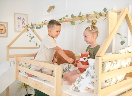 PLAY 80x200 pine house bunk bed with a slide Lano Furniture