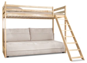 SAVIO 90x200/140x200 borovicová postel na vyvýšené konstrukci s rozkládací pohovkou béžová látka perfect harmony 02 Lano Nábytek