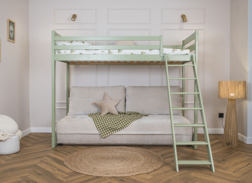 SAVIO 90x200/140x200 olivový postel na vyvýšené konstrukci s rozkládací pohovkou béžová látka perfect harmony 02 Lano Nábytek