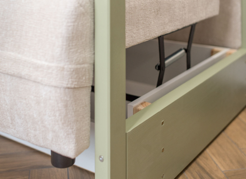 SAVIO 90x200/140x200 olivový postel na vyvýšené konstrukci s rozkládací pohovkou béžová látka perfect harmony 02 Lano Nábytek