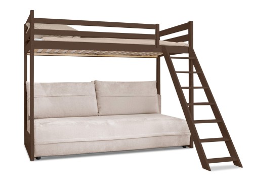 SAVIO 90x200/140x200 tmavá čokoláda postel na vyvýšené konstrukci s rozkládací pohovkou béžová látka perfect harmony 02 Lano Nábytek