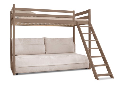 SAVIO 90x200/140x200 mléčná čokoláda postel na vyvýšené konstrukci s rozkládací pohovkou béžová látka perfect harmony 02 Lano Nábytek