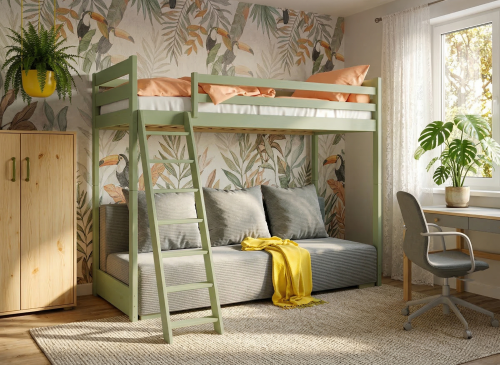 SOFINO 90x200/140x200 olivová postel na vyvýšené konstrukci s rozkládací pohovkou šedá látka zoom 15 sage Lano Nábytek