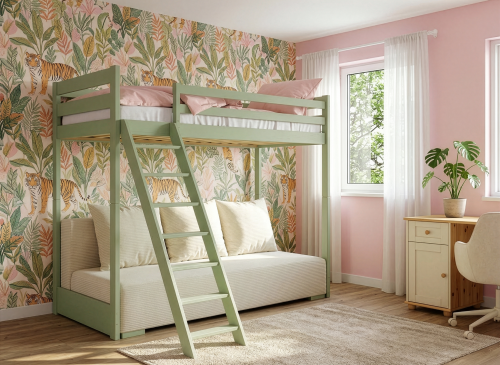 SOFINO 90x200/140x200 olivová postel na vyvýšené konstrukci s rozkládací pohovkou béžová látka poso 38 Lano Nábytek