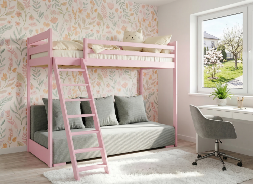 SOFINO 90x200/140x200 růžové lůžko na patrové posteli s rozkládací pohovkou šedá látka zoom 15 sage Lano Nábytek