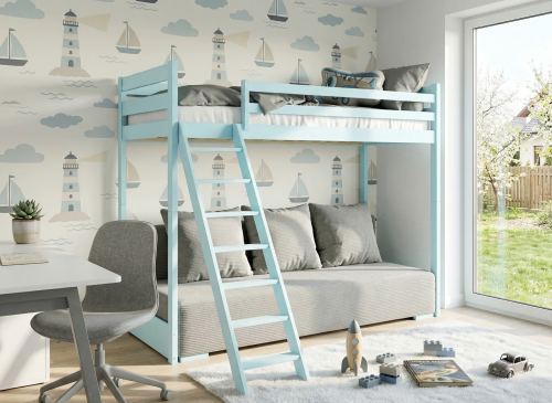 SOFINO 90x200/140x200 modré lůžko na patrové posteli s rozkládací pohovkou šedá látka zoom 15 sage Lano Nábytek