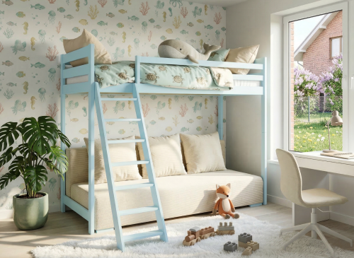 SOFINO 90x200/140x200 modré lůžko na patrové posteli s rozkládací pohovkou béžová látka poso 38 Lano Nábytek