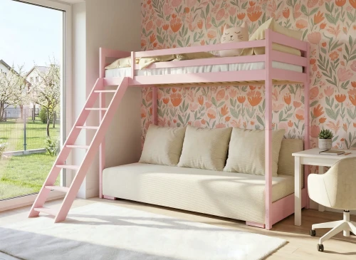SOFINO 90x200/140x200 pink bunk bed with fold-out sofa, beige Poso 38 fabric Lano Furniture