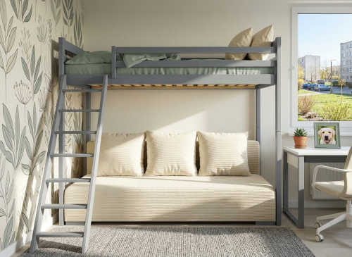 SOFINO 90x200/140x200 grafitové lůžko na patrové posteli s rozkládací pohovkou béžová látka poso 38 Lano Nábytek