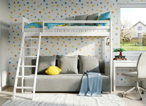 SOFINO 90x200/140x200 bílá na patrové posteli s rozkládací pohovkou šedá látka zoom 15 sage Lano Nábytek