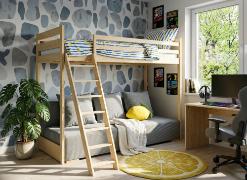 SOFINO 90x200/140x200 borovicová na patrové posteli s rozkládací pohovkou šedá látka zoom 15 sage Lano Nábytek