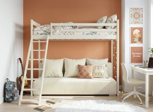 SOFINO 90x200/140x200 cotton loft bed with pull-out sofa, light gray zoom dove 19 fabric | Lano Furniture