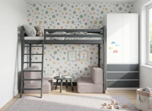 SOFENA  90X200 grafitová postel na vyvýšené konstrukci s modulární pohovkou světle šedá látka dove 19 Lano Nábytek