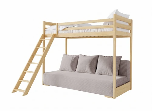 SOFINO 90x200/140x200 pine mezzanine bed with fold-out sofa, light gray fabric, zoom dove 19 Lano Furniture