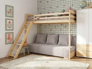 SOFINO 90x200/140x200 pine mezzanine bed with fold-out sofa, light gray fabric, zoom dove 19 Lano Furniture