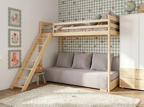 SOFINO 90x200/140x200 pine mezzanine bed with fold-out sofa, light gray fabric, zoom dove 19 Lano Furniture