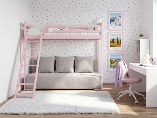 SOFINO  90x200/140x200 růžová postel na vyvýšené konstrukci s rozkládací pohovkou světle šedá látka dove 19 Lano Nábytek