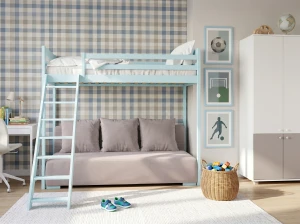 SOFINO  90x200/140x200 modrá postel na vyvýšené konstrukci s rozkládací pohovkou světle šedá látka dove 19 Lano Nábytek