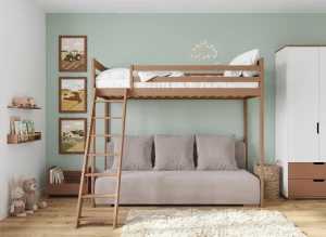SOFINO  90x200/140x200 skořicová postel na vyvýšené konstrukci s rozkládací pohovkou světle šedá látka dove 19 Lano Nábytek