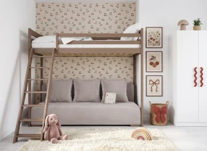 SOFINO  90x200/140x200 mléčná čokoláda postel na vyvýšené konstrukci s rozkládací pohovkou světle šedá látka dove 19 Lano Nábytek