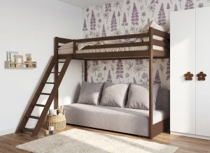 SOFINO  90x200/140x200 tmavá čokoláda postel na vyvýšené konstrukci s rozkládací pohovkou světle šedá látka dove 19 Lano Nábytek
