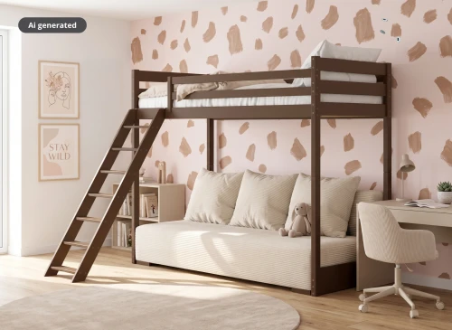 SOFINO 90x200/140x200 dark chocolate mezzanine bed with fold-out sofa, beige fabric, 38 Lano Furniture