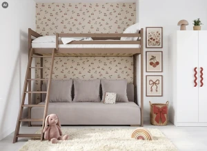 SOFINO  90x200/140x200 mléčná čokoláda postel na vyvýšené konstrukci s rozkládací pohovkou světle šedá látka dove 19 Lano Nábytek