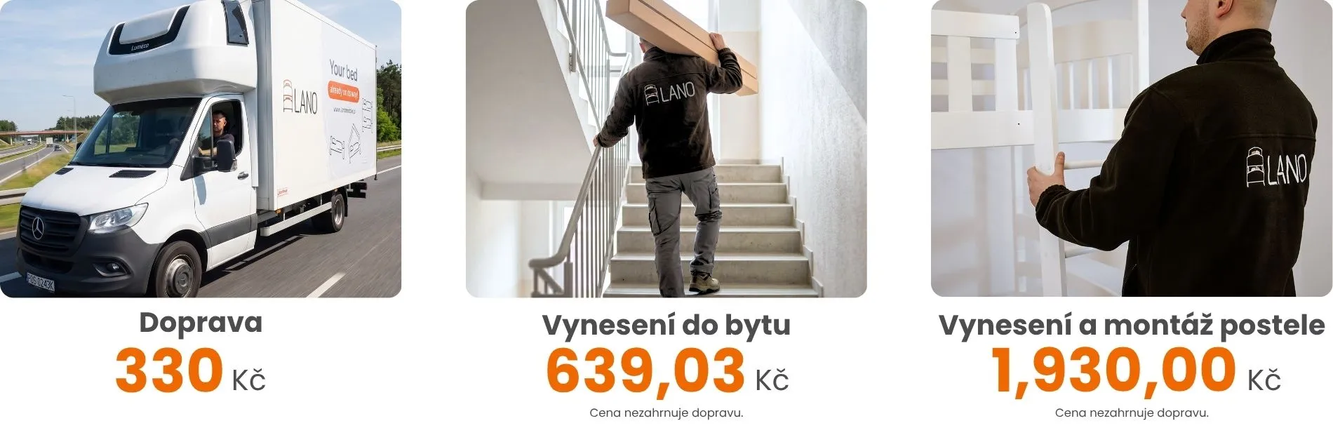 Cennik usług - transport 99 zł (za darmo przy zamówieniach powyżej 800 zł) , wniesienie 99 zł, montaż z wniesieniem 299 zł, dostawa materacy - kurier 25 zł