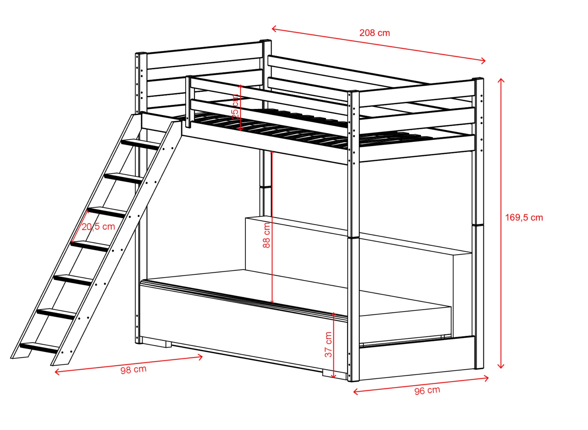Technický výkres patrové postele SOFINO 90x200/140x200 – Lano Meble