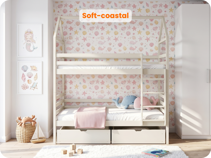 Bavlněná dětská patrová postel ve tvaru domečku v dívčím pokoji „Soft-coastal”
