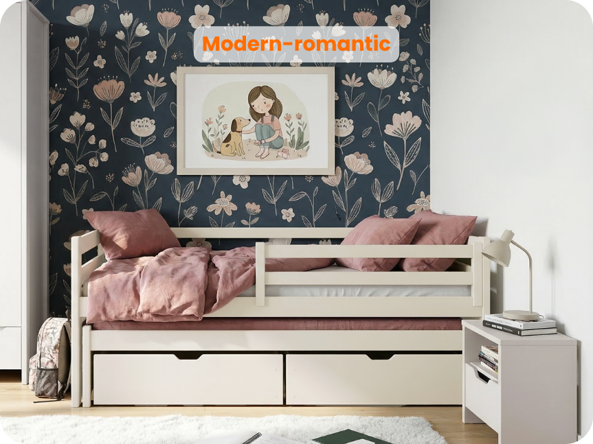 Bavlněná nízká dvojlůžková postel v dívčím pokoji „Modern romantic”