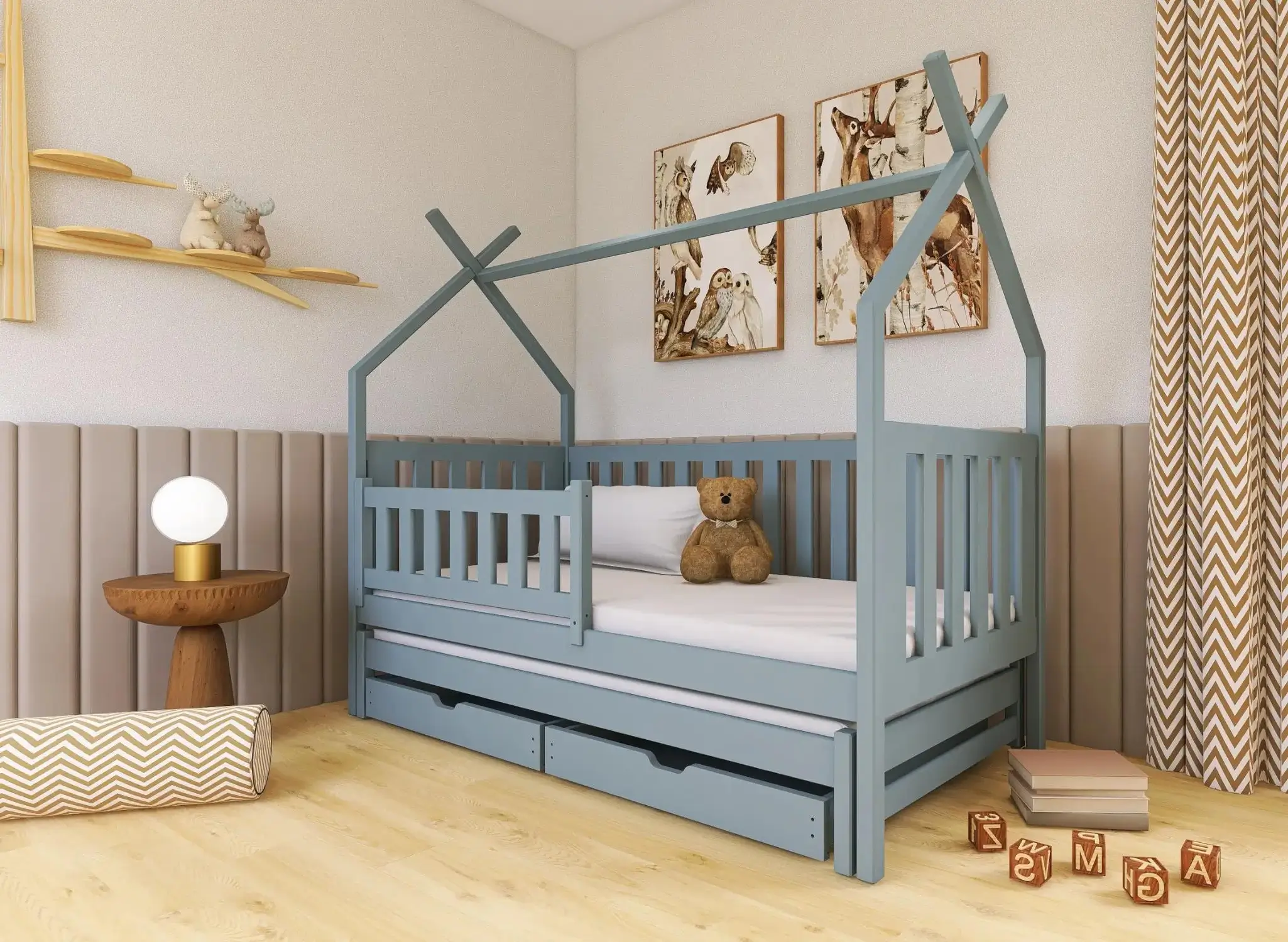 Unvarnished wooden teepee bed
