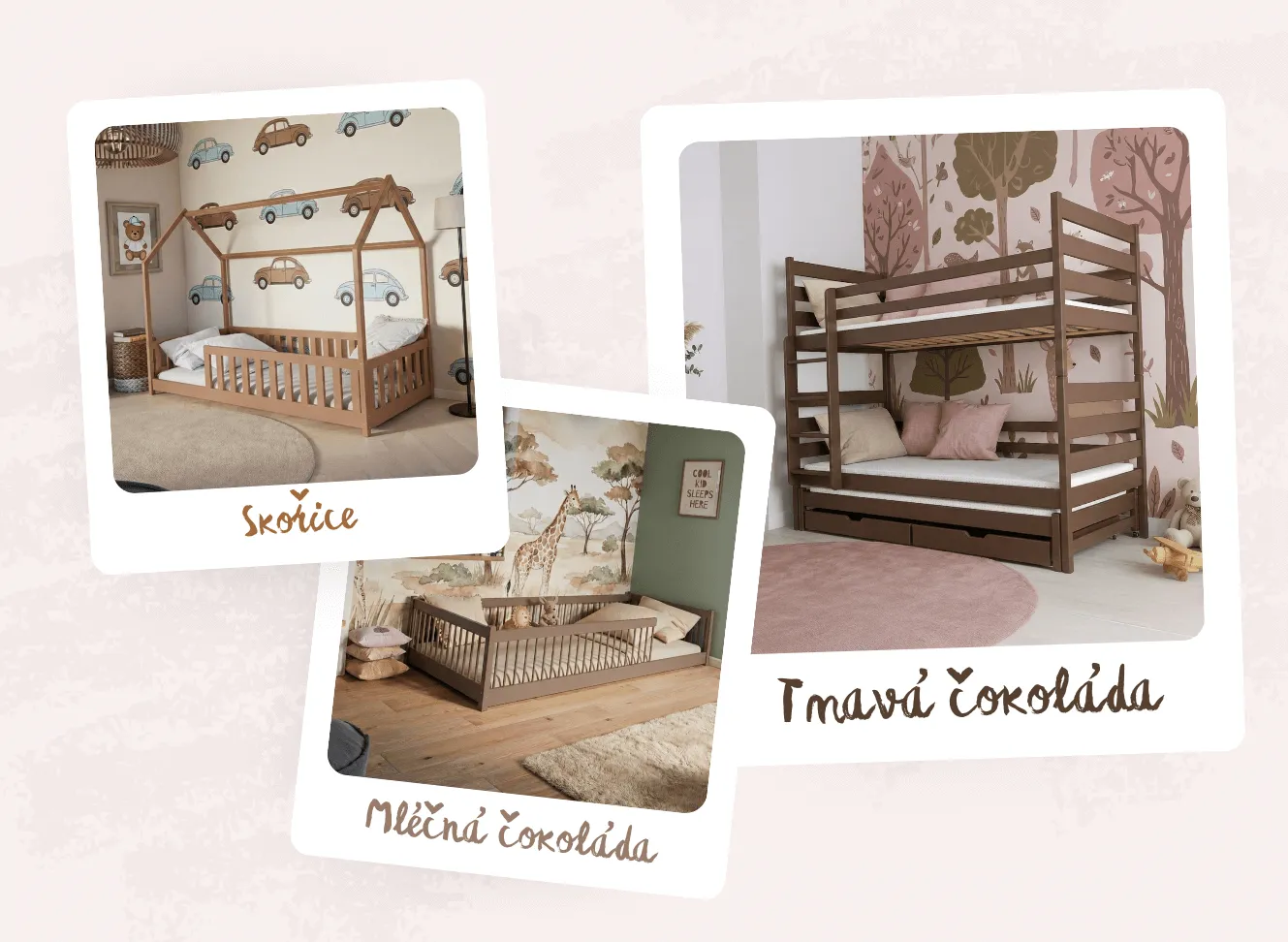 Fotografie postelí LANO v barvách: skořice, mléčná čokoláda a tmavá čokoláda.