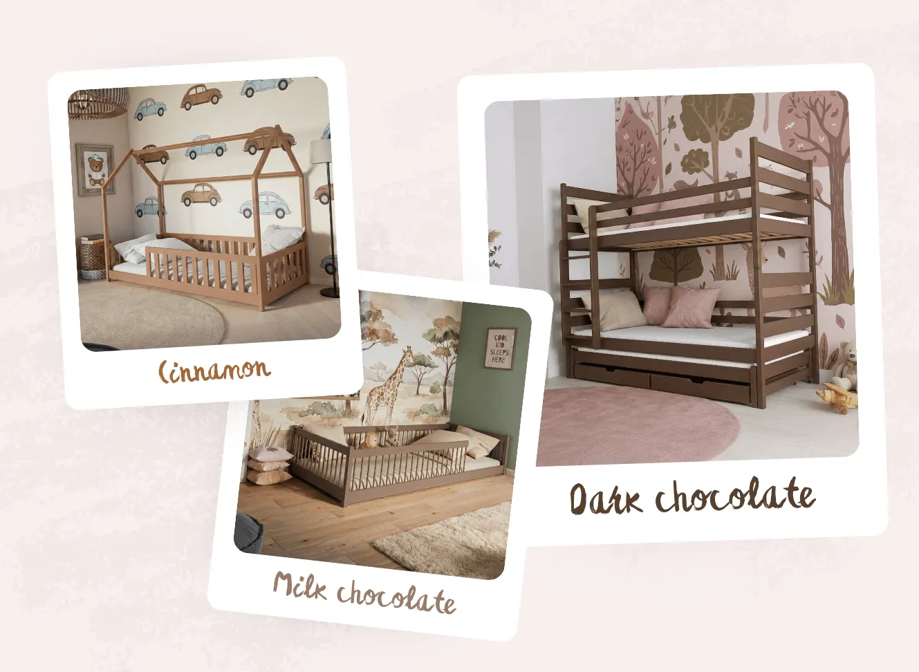 Photos of LANO beds in colours: cinnamon, milk chocolate and dark chocolate.