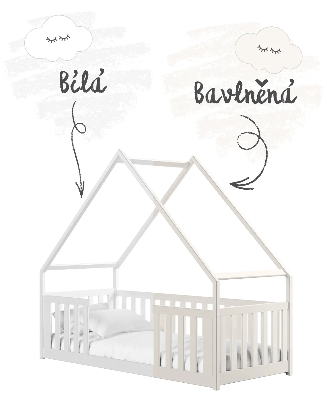 Postel domeček LANO na bílém pozadí se šipkami a křídovými nápisy: „Bílá“ a „Bavlněná“.