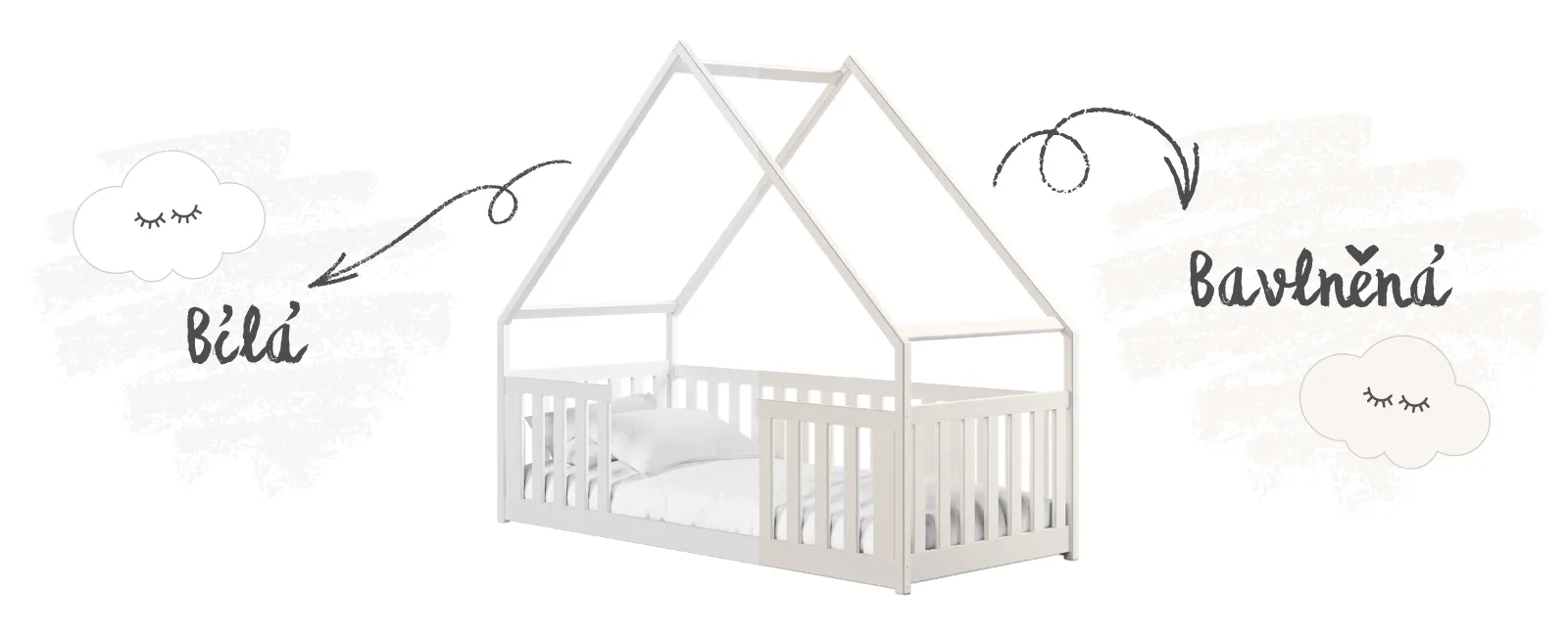 Postel domeček LANO na bílém pozadí se šipkami a křídovými nápisy: „Bílá“ a „Bavlněná“.