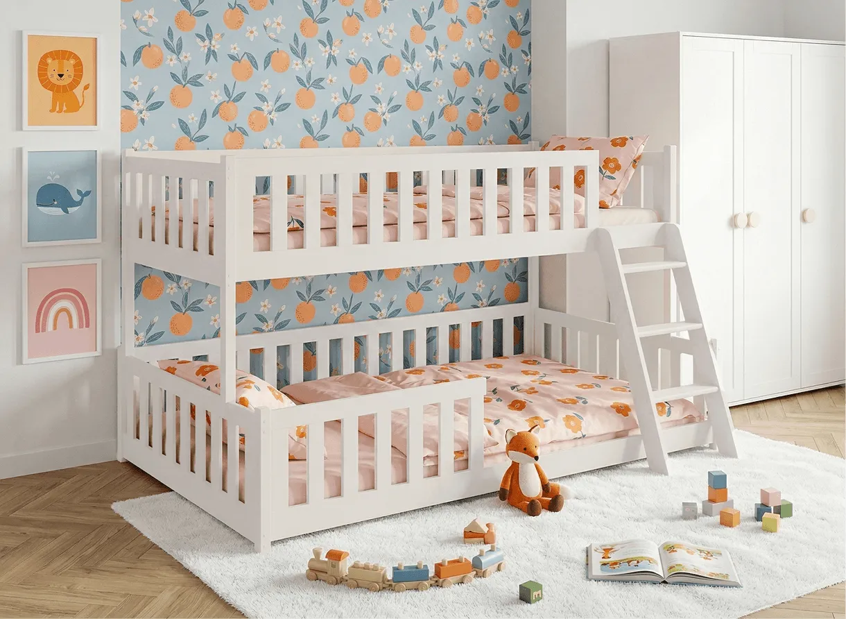 LANO NICE cotton bunk bed with ladder and safety rail in a cosy room with blue fruit wallpaper.